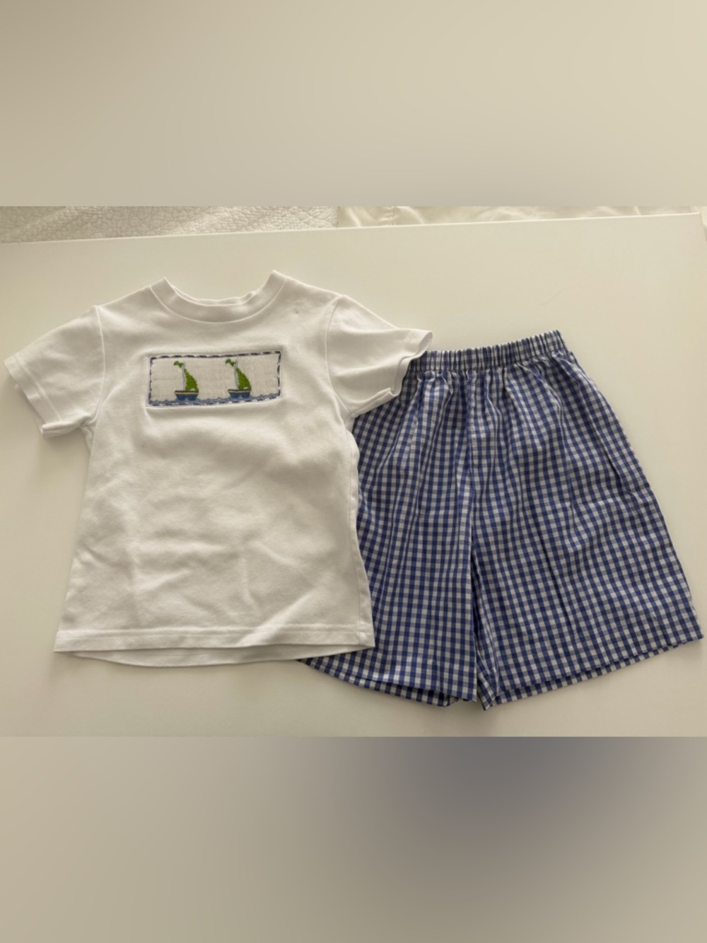 Kids White Tee & Blue Gingham Shorts Matching Set, sailboat smocking